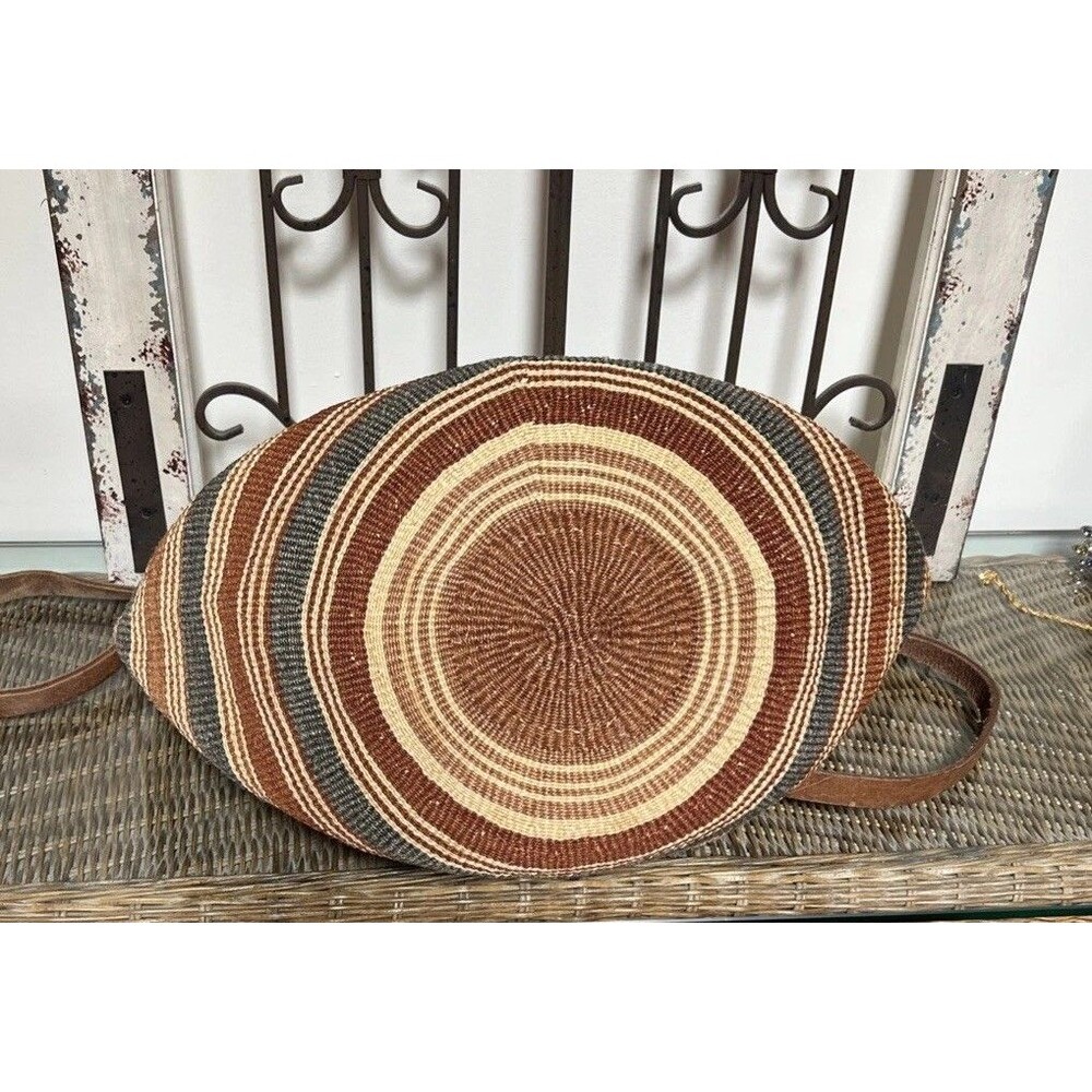 African Style Sisal Grass Jute Woven Tote Bag Leather Straps & Trim 20” X 12” - Picture 5 of 7